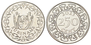Суринам 250 центов 2023  KM NEW никелированная сталь  UNC  4403-323