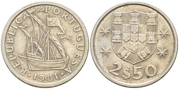 ПОРТУГАЛИЯ 2,5 ЭСКУДО 1981 ПАРУСНИК KM 590 медно-никель 4523-1113