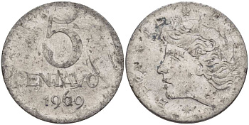 Бразилия 5 сентаво 1969 реформа 1967-1985, голова свободы влево KM 577.1 нержавеющая сталь 36-526