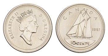 Канада 10 центов 1997 Елизавета II (1952-2022), парусник, specimen KM 183 никель BU 4639-661
