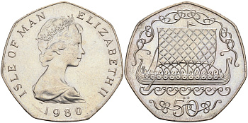 Остров Мэн 50 пенсов 1980 АА, корабль викингов, Елизавета II (1952) KM 70 медно-никель UNC 4583-624