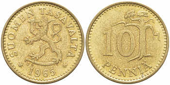 ФИНЛЯНДИЯ 10 ПЕННИ 1965 S КМ 46 алюминиевая бронза 3309-267