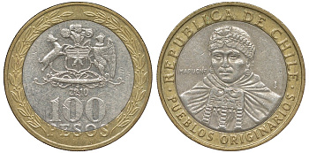 Чили 100 песо 2010 индейцы Мапуче KM 236 биметалл 4681-532