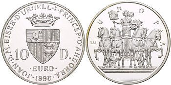 Андорра 10 динеров 1998 Финикийская принцесса Европа, на квадриге KM 151 серебро PROOF 1088-9-41