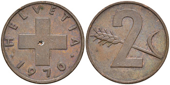 Швейцария 2 раппена 1970 KM 47 бронза 4592-641