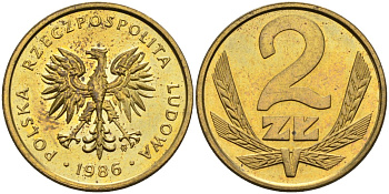 Польша 2 злотых 1986 MW, Народная Республика KM 80.2, Parchimowicz 218c латунь UNC 4580-759