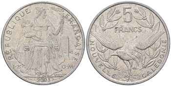 Французская Новая Каледония 5 франков 2003 птица кагу, (IEOM) KM 16, Schoen 12, Lec 81h алюминий 189-1126