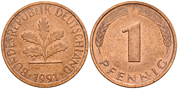 ФРГ 1 пфенниг 1991 F KM 105, J. 380 сталь плакированная медью    4598-665