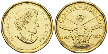 Канада 1 доллар 2017 100 лет хоккейному клубу Toronto Maple Leafs, Елизавета II (1952-2022) KM 2313 никель плакированный бронзой UNC 4140-426