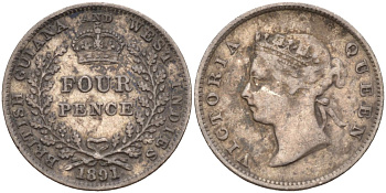 Британская Гвиана и Вест-Индия 4 пенса 1891 Виктория (1837-1901) KM 26 серебро 633-1625