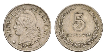 Аргентина 5 сентаво 1922 KM 34 медно-никель 4649-932