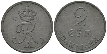 Дания 2 эре 1955 N; S, Кристиан X (1912-1947) KM 840 цинк 213-126