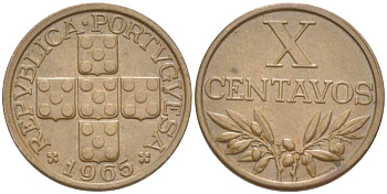 ПОРТУГАЛИЯ 10 СЕНТАВО 1965 KM 583 бронза 4516-368