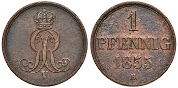 Ганновер 1 пфенниг 1855 B, Георг V KM 221, AKS 155, J. 83 медь 4594-535