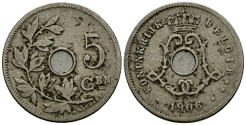Бельгия 5 сантимов 1906 Belgie, Леопольд II (1865-1909) KM 55 медно-никель 4173-152
