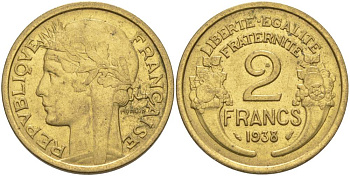 ФРАНЦИЯ 2 ФРАНКА 1938 ТИП MORLON KM 886, LE FRANC 268.11 алюминиевая бронза 3855-111