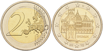 ФРГ 2 евро 2010 D, Бремен, городская ратуша и Роланд, серия Федеральные земли Германии KM 285 биметалл UNC 4592-1211