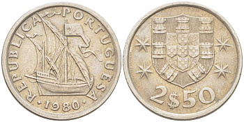 Португалия 2,5 эскудо 1980 парусник KM 590 медно-никель 4523-1112