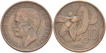ИТАЛИЯ 10 ЧЕНТЕЗИМО 1921 R, МОНДВОР РИМ, ВИКТОР ЭММАНУИЛ III (1900-1946) KM 60 медь 4525-235