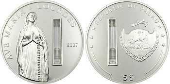 Палау 5 долларов 2007 Лурдес, явление Девы Марии, тираж 5000 экземпляров серебро PROOF 4-5-3-10