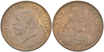 Великобритания 1/2 пенни 1928 Георг V (1910-1936) KM 837, Spink 4058 бронза 4513-543