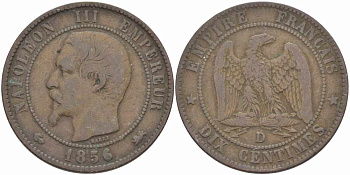 Франция 10 сантимов 1856 D, Наполеон III (1852-1870) KM 771.4, Le Franc 133.35 бронза    4680-621