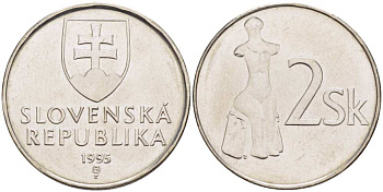 СЛОВАКИЯ 2 КРОНЫ 1995 KM 13 сталь плакированная никелем UNC 4514-757
