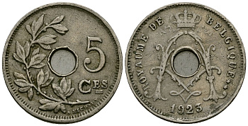 Бельгия 5 сантимов 1923 Belgique KM 66 медно-никель 4173-526