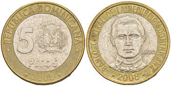 Доминиканская республика 5 песо 2008 Санчес KM 89 биметалл 4541-1125