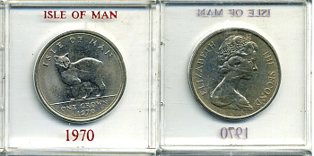 Остров Мэн 1 крона 1970 кошка Мэна, в оригинальной пластиковой коробке KM 18 медно-никель UNC 6-6-1-69