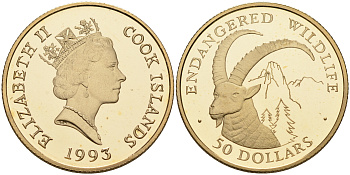 Острова Кука 50 долларов 1993 серия сохраним наш мир, альпийский горный козёл  KM 153 золото PROOF 00-809-80