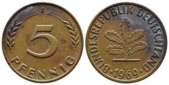ФРГ 5 ПФЕННИГОВ 1969 J KM 107, J. 382 сталь плакированная латунью 56-955