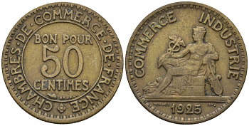 Франция 50 сантимов 1925 Тип Chambre de Commerce KM 884 алюминиевая бронза 4596-727