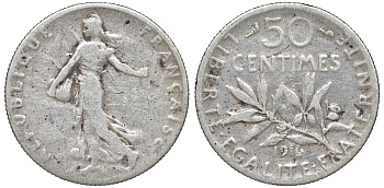 ФРАНЦИЯ 50 САНТИМОВ 1916 ТИП СЕЯТЕЛЬ KM 854, LE FRANC 190.23 серебро 4178-249