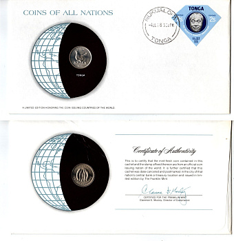 Тонга 5 сенити 1977 конверт с маркой первого дня гашения, Coins of Nations KM 44 медно-никель UNC 4294-31-3