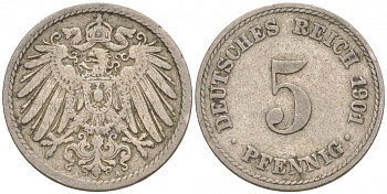 ГЕРМАНИЯ 5 ПФЕННИГОВ 1901 A, KM 11, J. 12 медно-никель 73-168