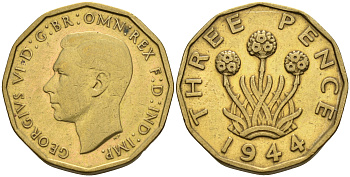 Великобритания 3 пенса 1944 Георг VI (1936-1952) KM 849, Spink 4112 никель латунь 4592-356