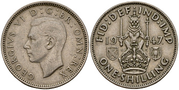 Великобритания 1 шиллинг 1947 Георг VI (1936-1952), Шотландский герб KM 864, Spink 4104 медно-никель 4187-1051