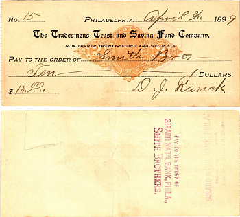 США чек на 18 долларов 1899 Филадельфия бумага 2196-50-1-1