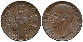 ИТАЛИЯ 10 ЧЕНТЕЗИМО 1938 R, ВИКТОР ИМАНУИЛ III, ГОД XVI KM 74 медь 34-1227