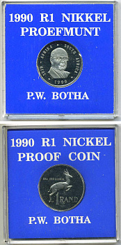 ЮАР 1 РАНД 1990 ПРЕЗИДЕНТ ПИТЕР ВИЛЛЕМ БОТА, ТИРАЖ 15000 ЭКЗ., В ОРИГИНАЛЬНОЙ ПЛАСТИКОВОЙ КОРОБКЕ KM 141 никель PROOF 3-4-1-25