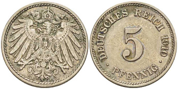 Германия 5 пфеннигов 1910 E KM 11, J. 12, Weege 6 медно-никель 206-963