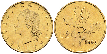 Италия 20 лир 1995 R, дубовый лист KM 97.2 алюминиевая бронза  UNC  4594-942