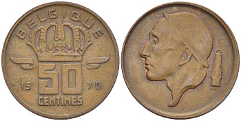БЕЛЬГИЯ 50 САНТИМОВ 1970 BELGIQUE KM 148.1 бронза 96-733
