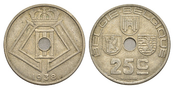 Бельгия 25 сантимов 1938 BELGIE - BELGIQUE KM 115 никель латунь 4629-957