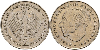 ФРГ 2 марки 1977 D, Конрад Аденауэр KM 124, J. 406 медно-никель 4159-1241