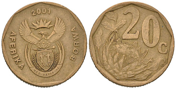 ЮАР 20 центов 2001 KM 225 сталь плакированная бронзой 4618-347