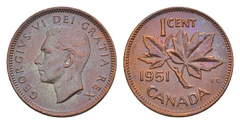 Канада 1 цент 1951 Георг VI (1936-1952), кленовый лист KM 41 бронза 4639-267