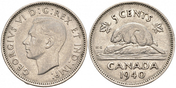 Канада 5 центов 1940 бобр, Георг VI (1937-1952) KM 33 никель 73-1147