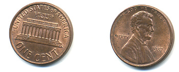 США 1 цент 1987 Линкольн KM 201b цинк плакированный медью UNC 179-421